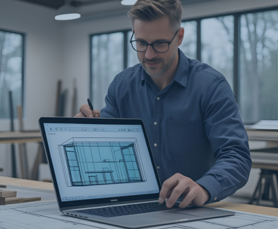 Person using a laptop with blueprints to start a custom glass project – quick form and fast follow-up with Glenny Glass.